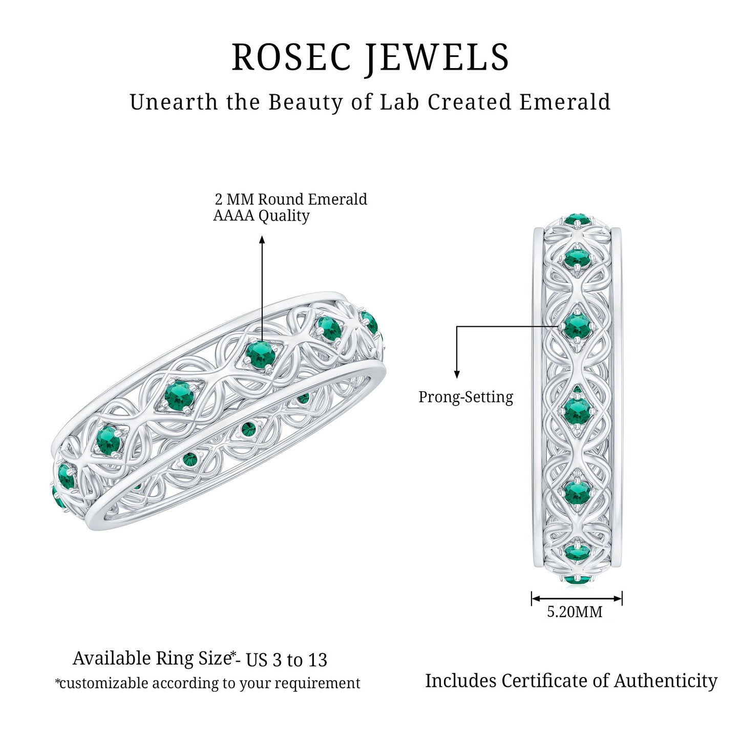 Vintage Looking Lab Grown Emerald Wedding Band for Women