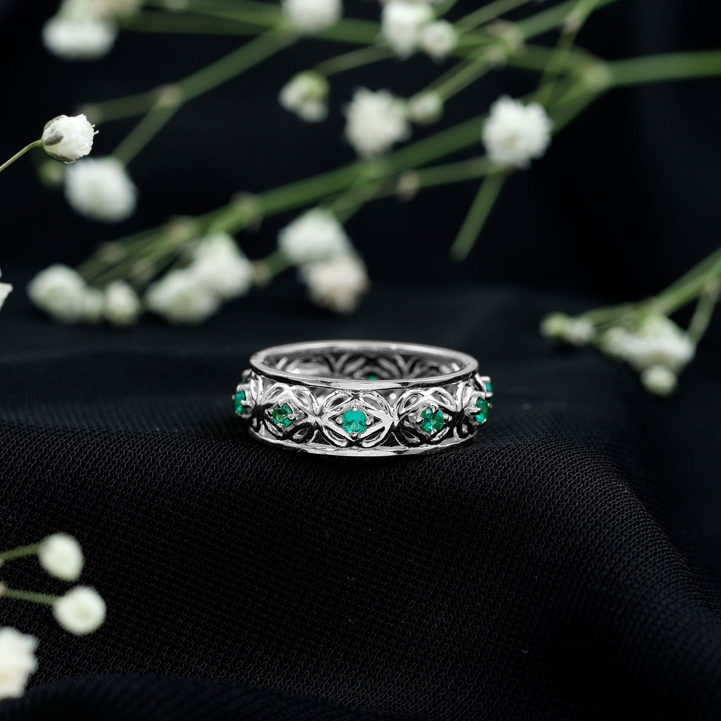 Vintage Looking Lab Grown Emerald Wedding Band for Women