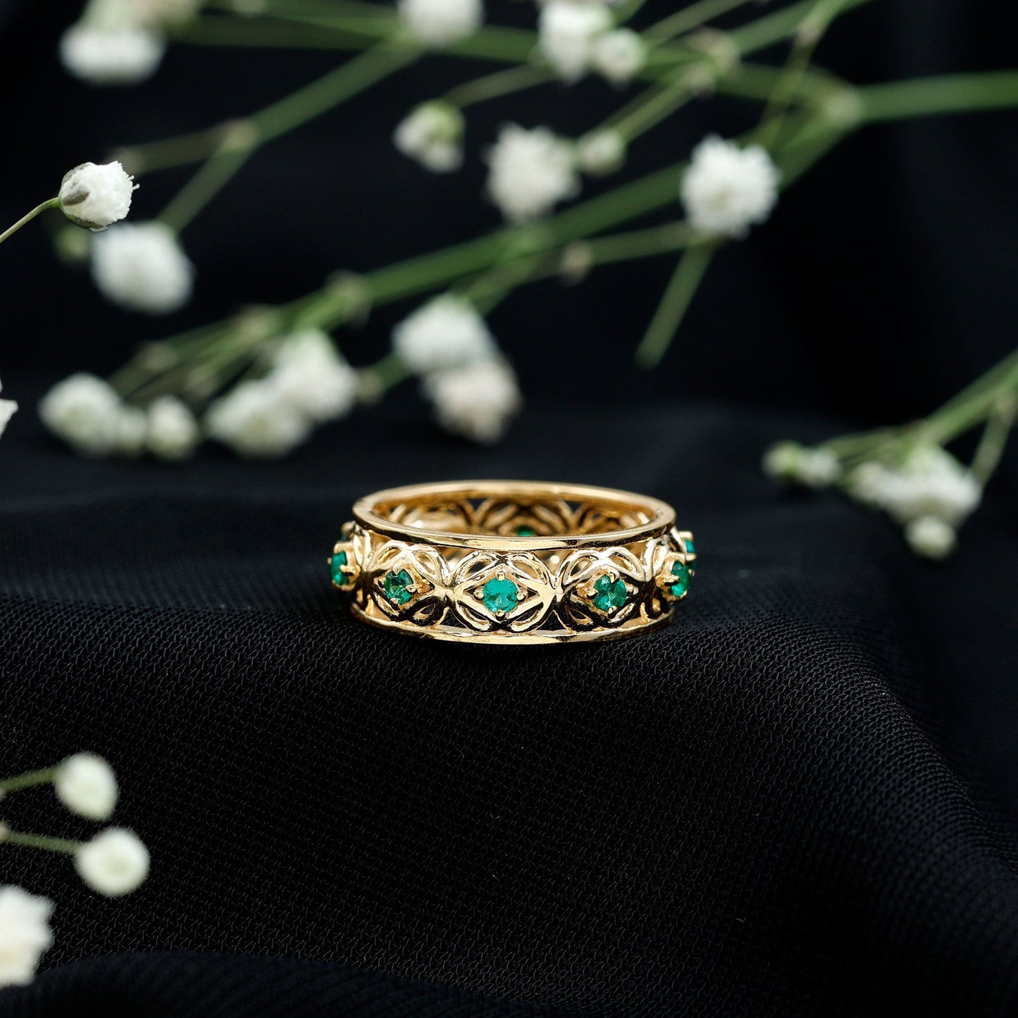 Vintage Looking Lab Grown Emerald Wedding Band for Women
