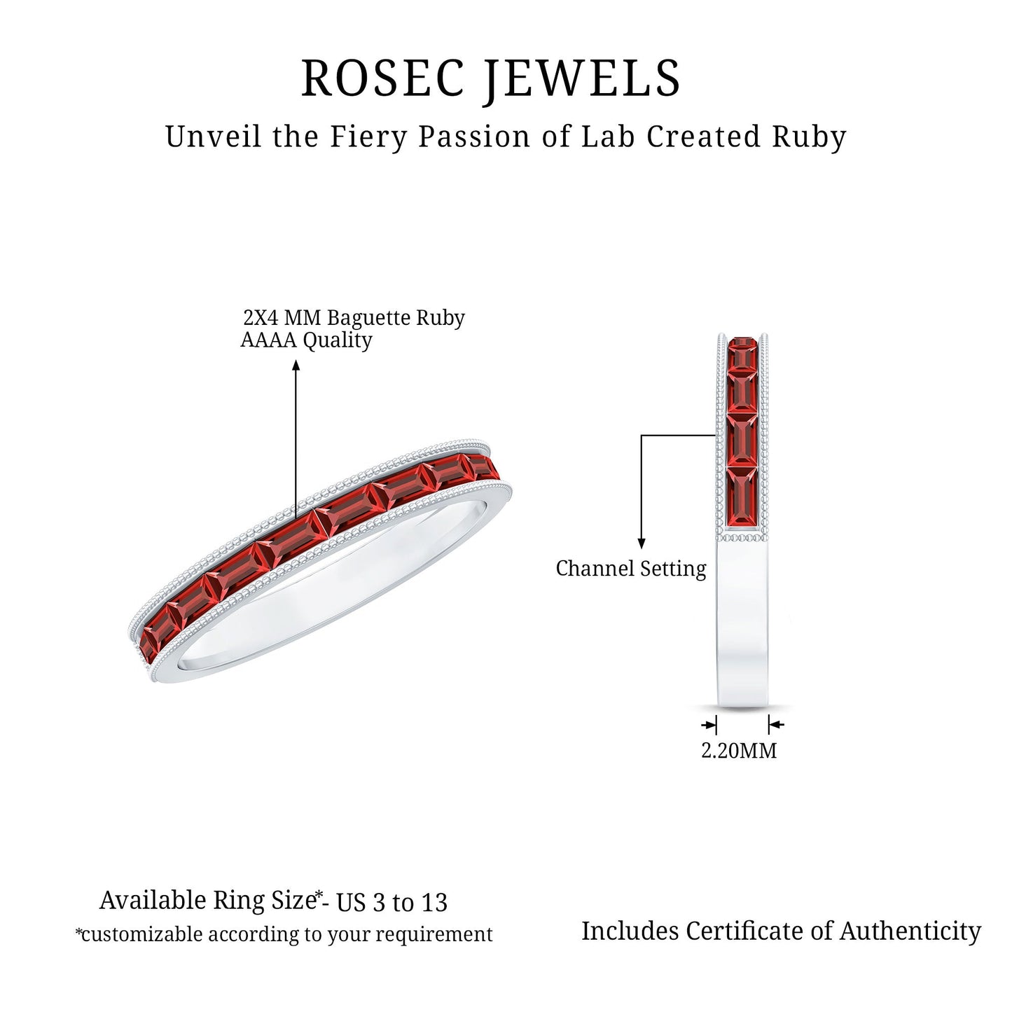 Minimalist Baguette Cut Lab Created Ruby Eternity Ring in Channel Setting