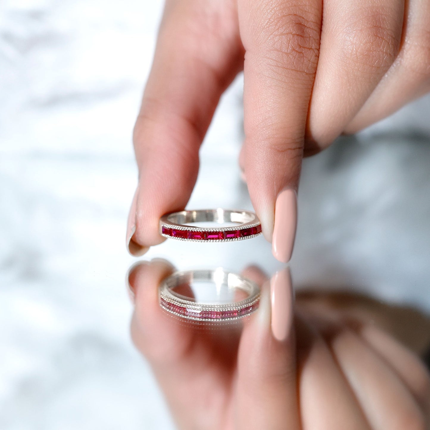 Minimalist Baguette Cut Lab Created Ruby Eternity Ring in Channel Setting