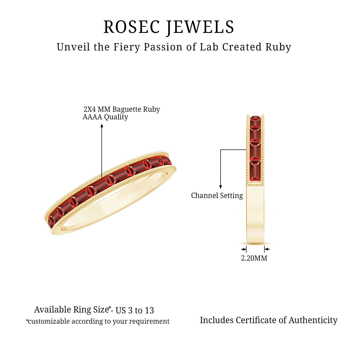 Minimalist Baguette Cut Lab Created Ruby Eternity Ring in Channel Setting