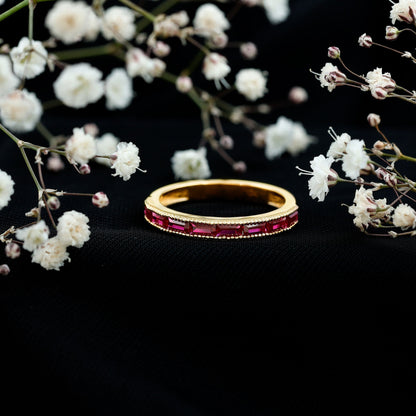 Minimalist Baguette Cut Lab Created Ruby Eternity Ring in Channel Setting