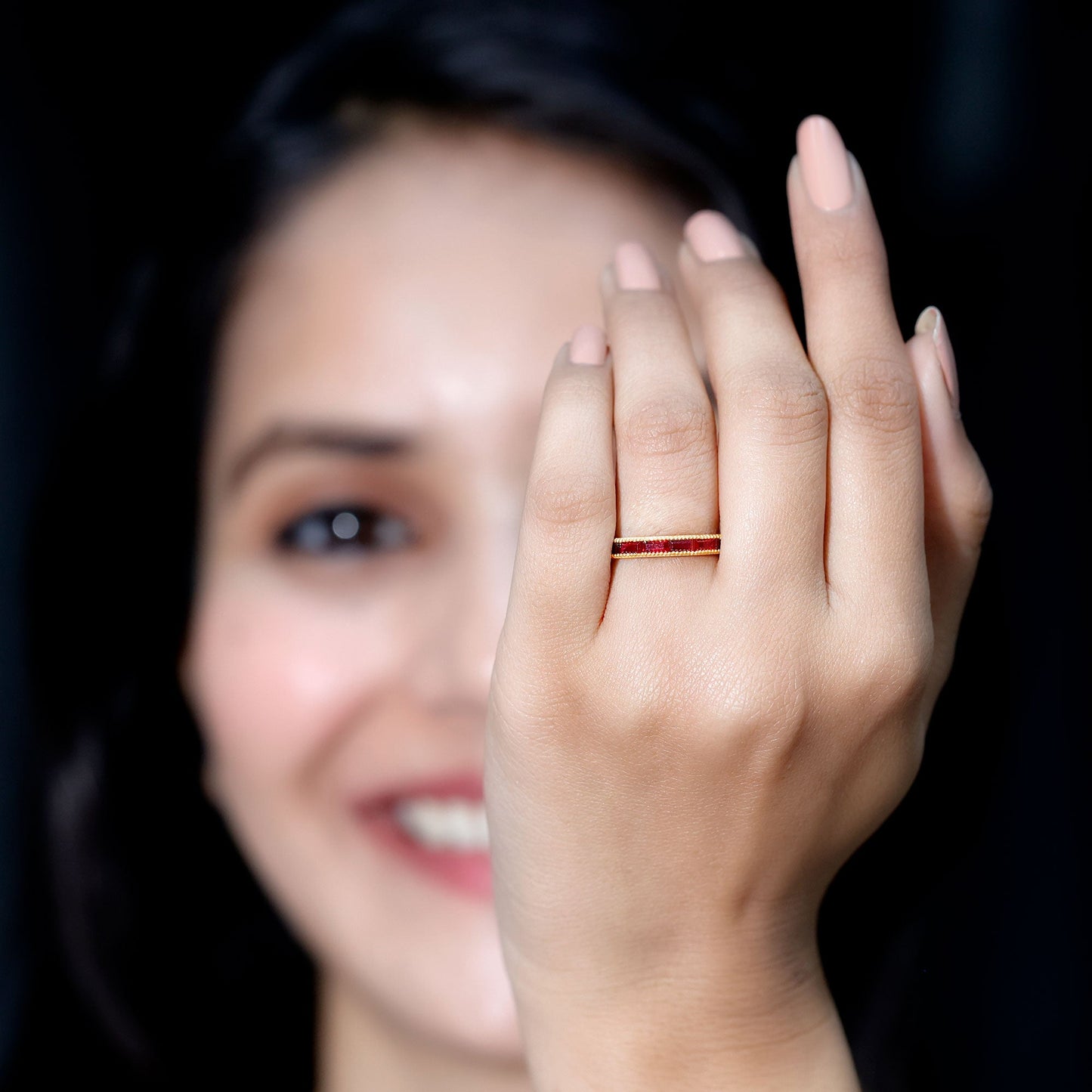 Minimalist Baguette Cut Lab Created Ruby Eternity Ring in Channel Setting