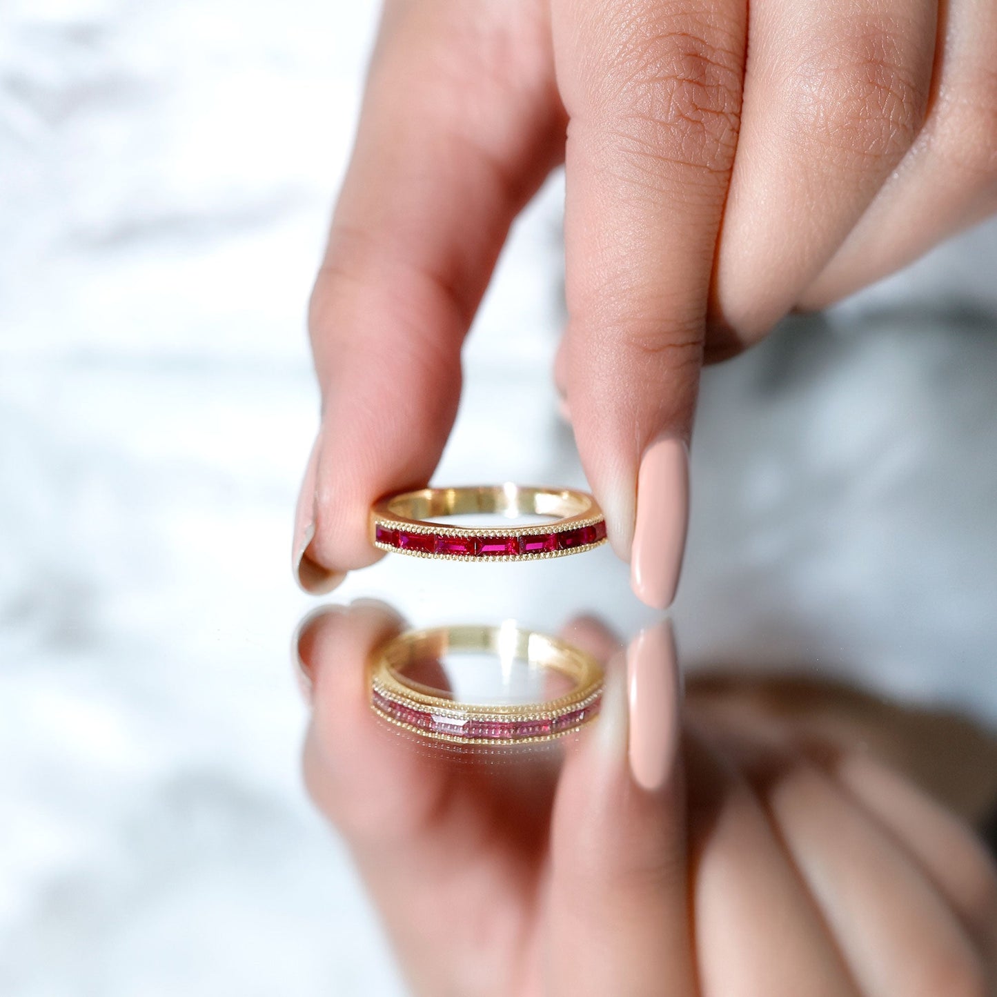 Minimalist Baguette Cut Lab Created Ruby Eternity Ring in Channel Setting