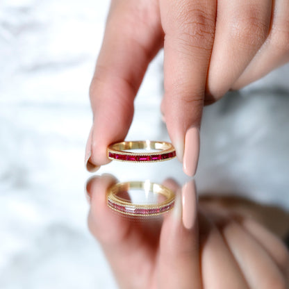 Minimalist Baguette Cut Lab Created Ruby Eternity Ring in Channel Setting