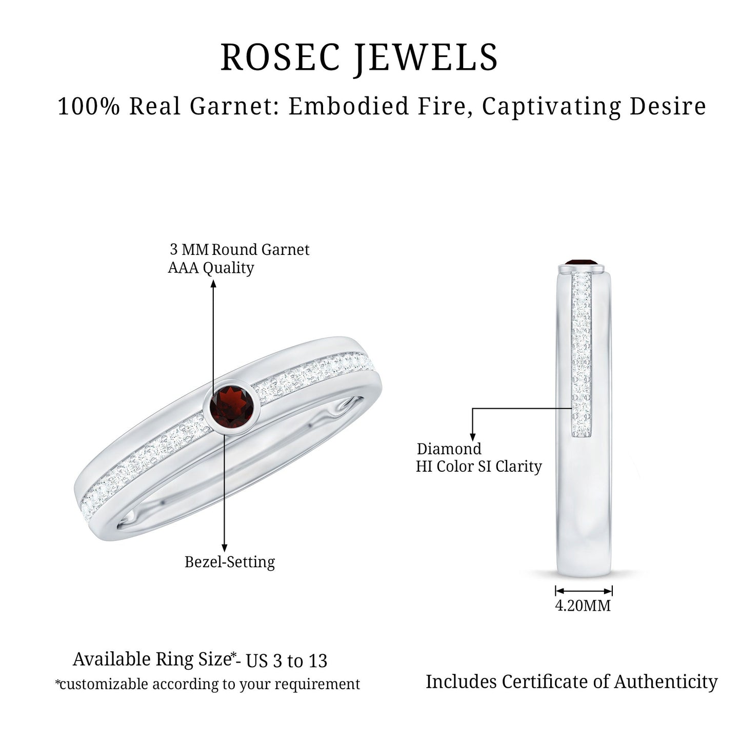 Natural Garnet Diamond Wide Wedding Band