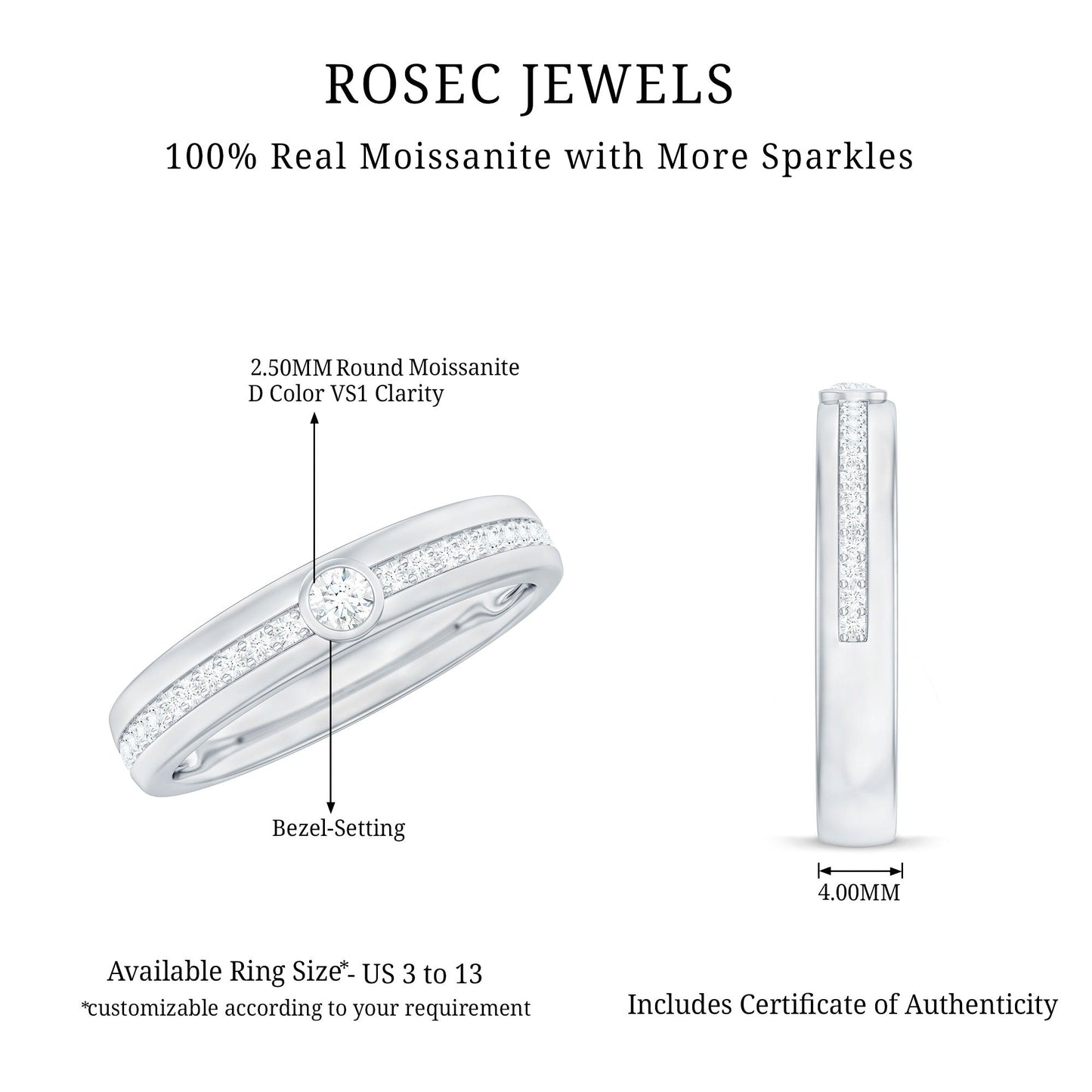 Bezel Set Moissanite Unisex Wedding Band Ring