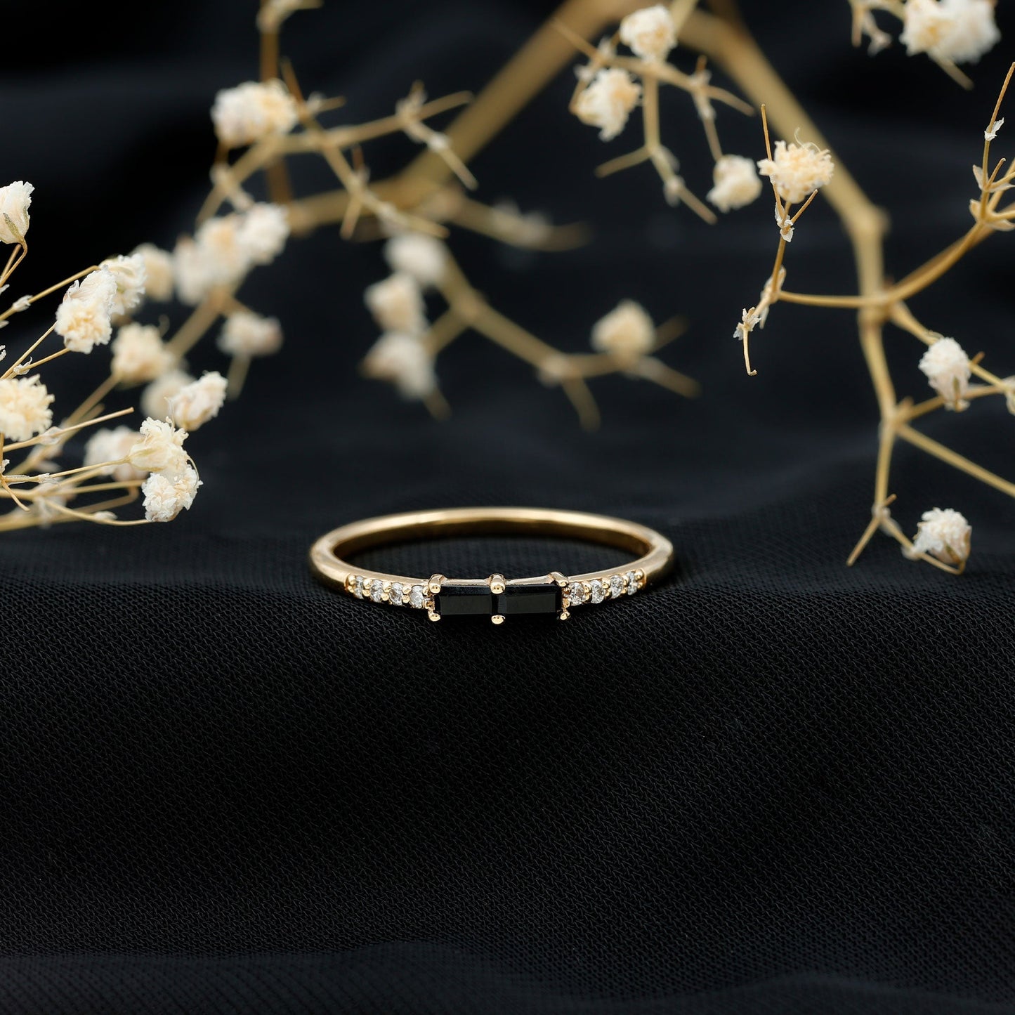 Natural Black Onyx and Diamond Stackable Ring