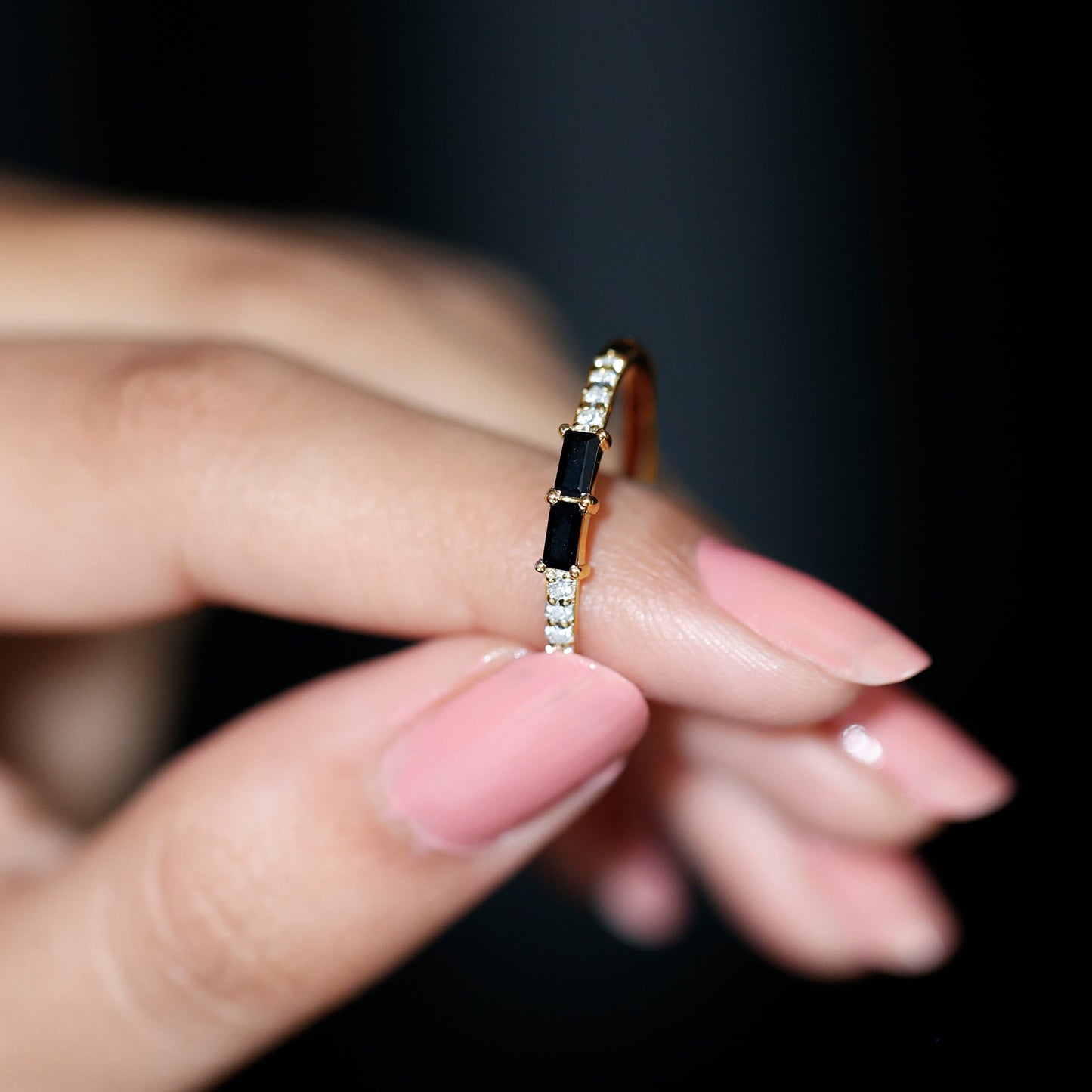 Natural Black Onyx and Diamond Stackable Ring