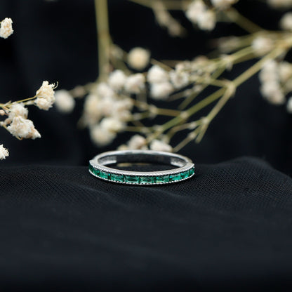 Baguette Cut Lab Grown Emerald Eternity Ring with Beaded Detailing