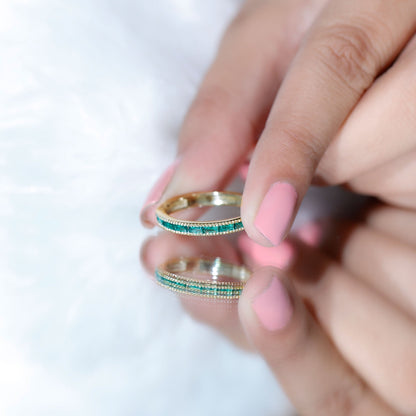 Baguette Cut Lab Grown Emerald Eternity Ring with Beaded Detailing