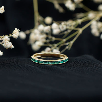 Baguette Cut Lab Grown Emerald Eternity Ring with Beaded Detailing
