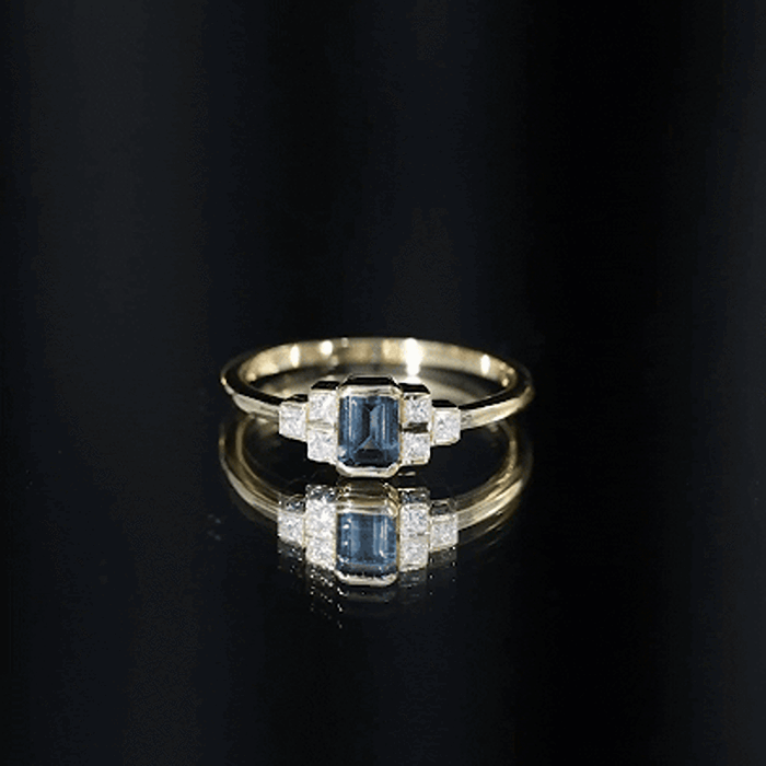 0.7 Carat Emerald Cut London Blue Topaz Statement Ring with Diamond