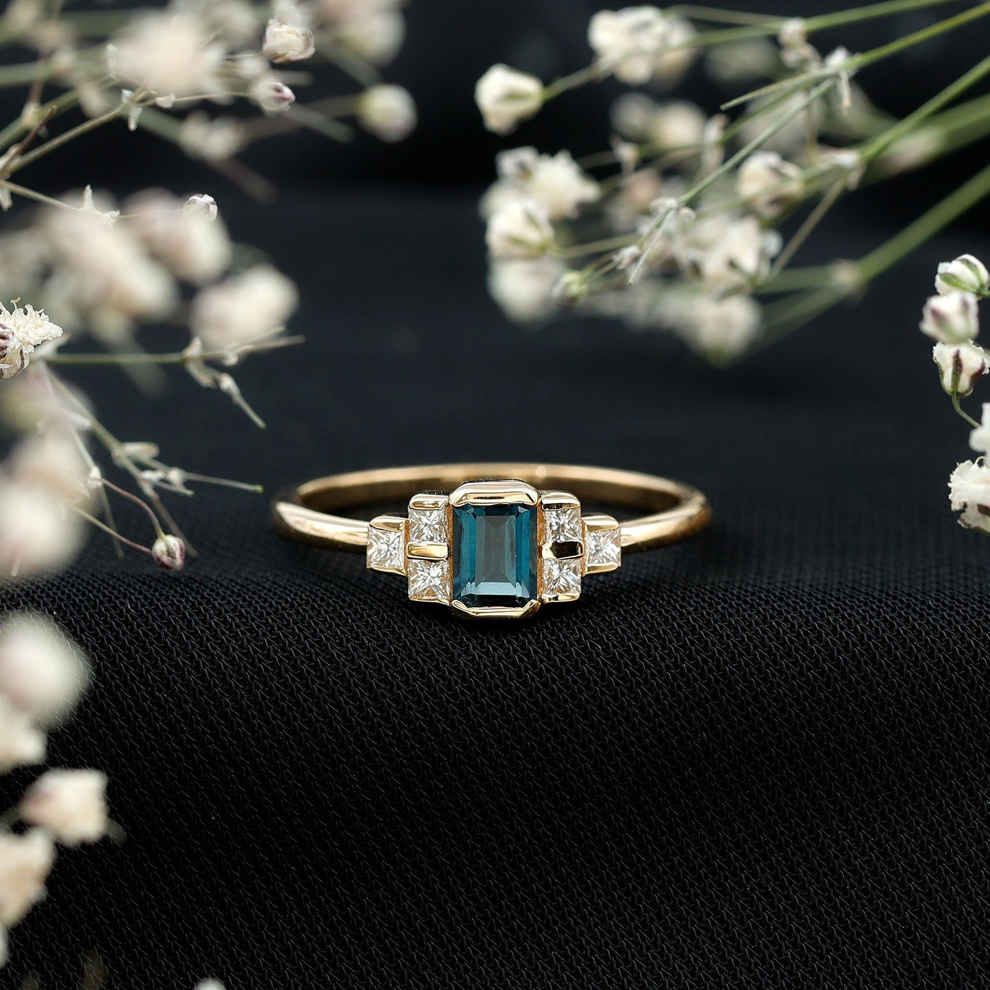 0.7 Carat Emerald Cut London Blue Topaz Statement Ring with Diamond