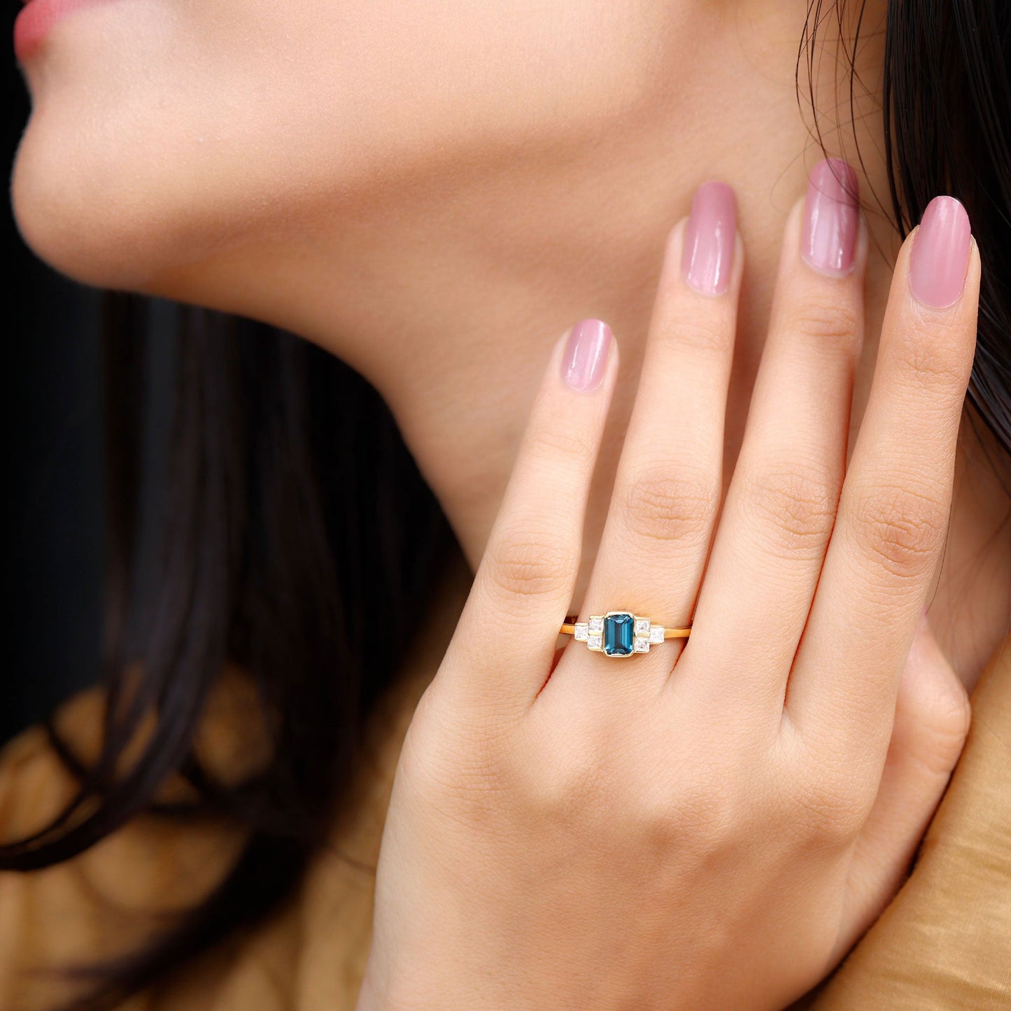 0.7 Carat Emerald Cut London Blue Topaz Statement Ring with Diamond