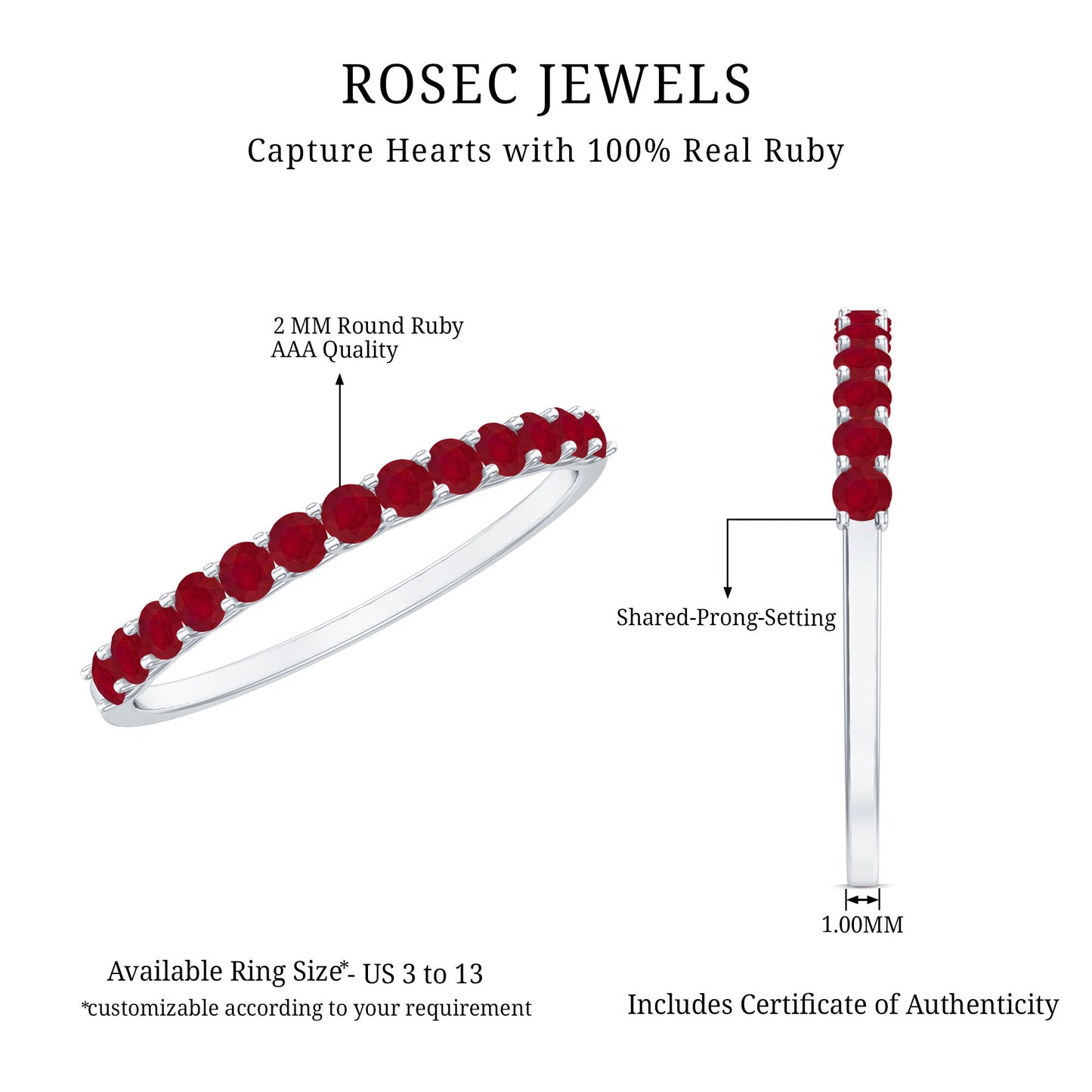 Genuine Ruby Half Eternity Stackable Ring for Women
