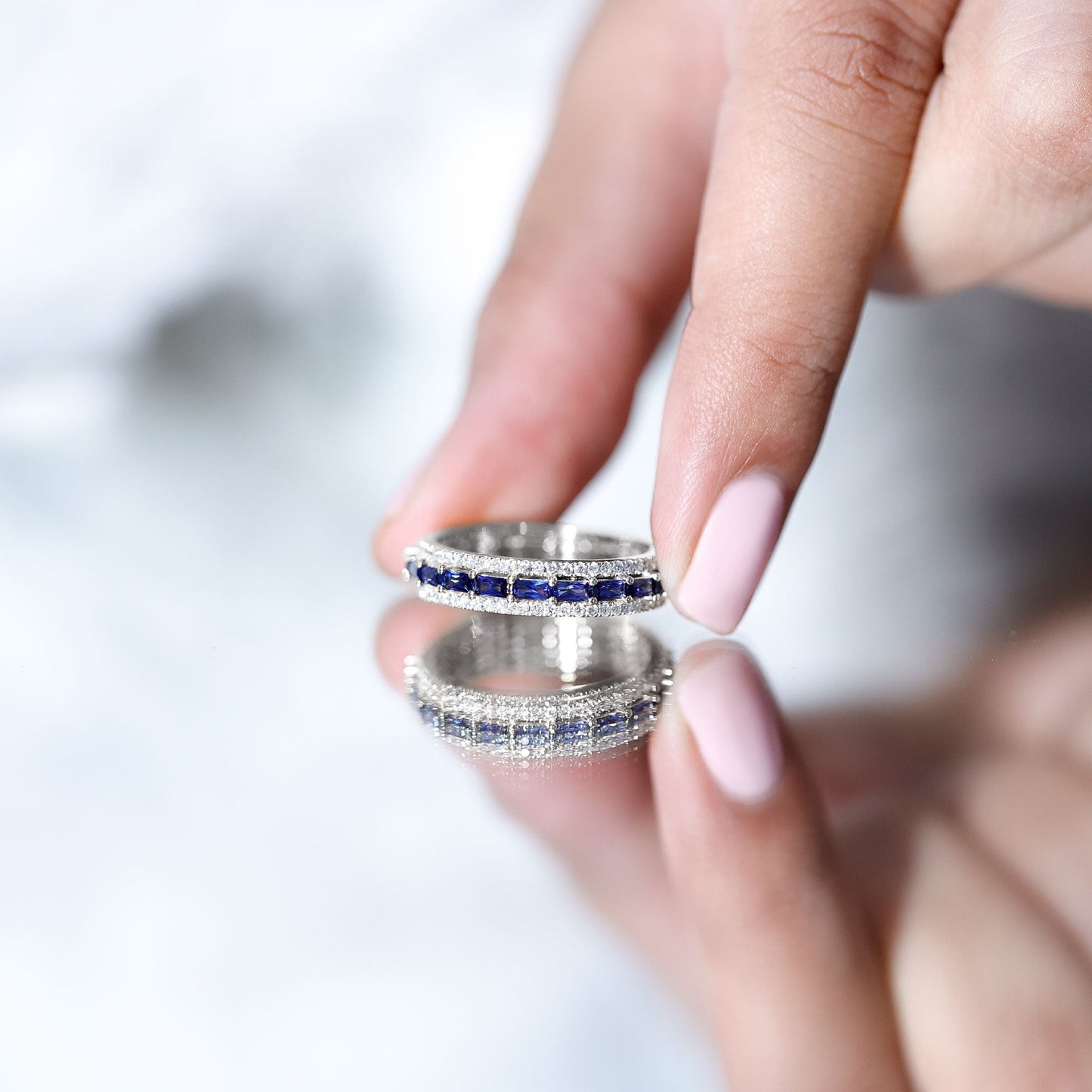 Lab Grown Blue Sapphire Eternity Wedding Band With Natural Diamond