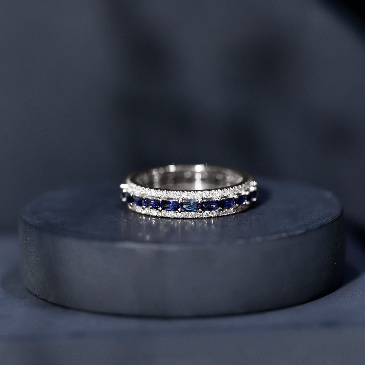 Lab Grown Blue Sapphire Eternity Wedding Band With Natural Diamond