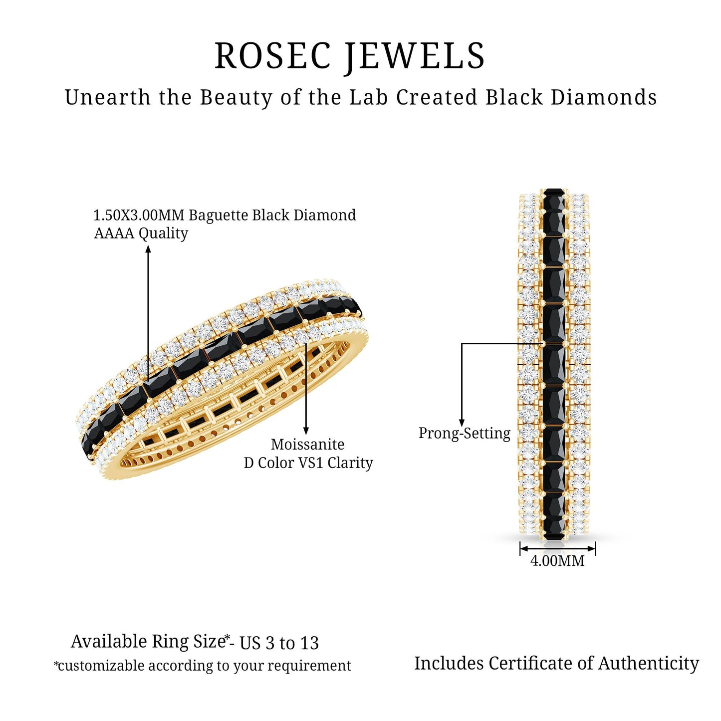 Certified Lab Grown Black Diamond 3 Row Wedding Band with Moissanite