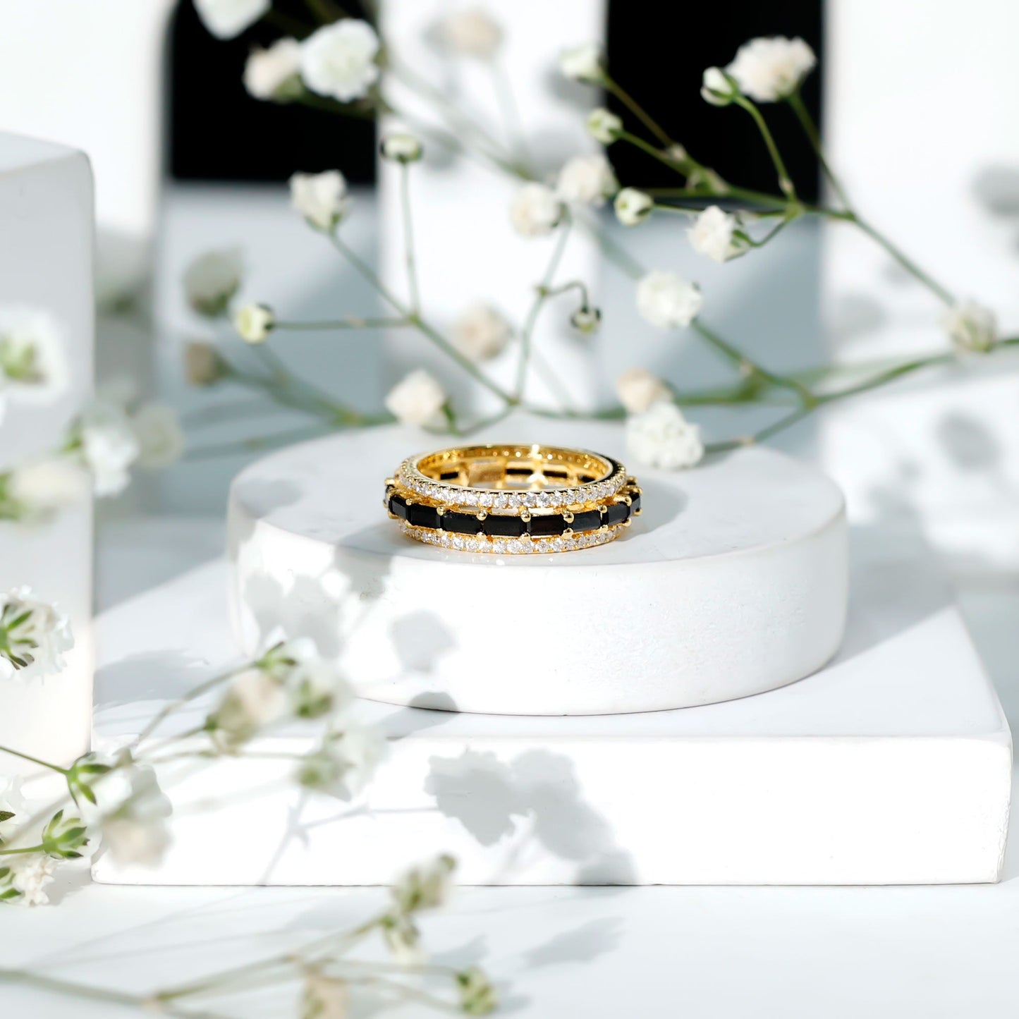 Certified Lab Grown Black Diamond 3 Row Wedding Band with Moissanite