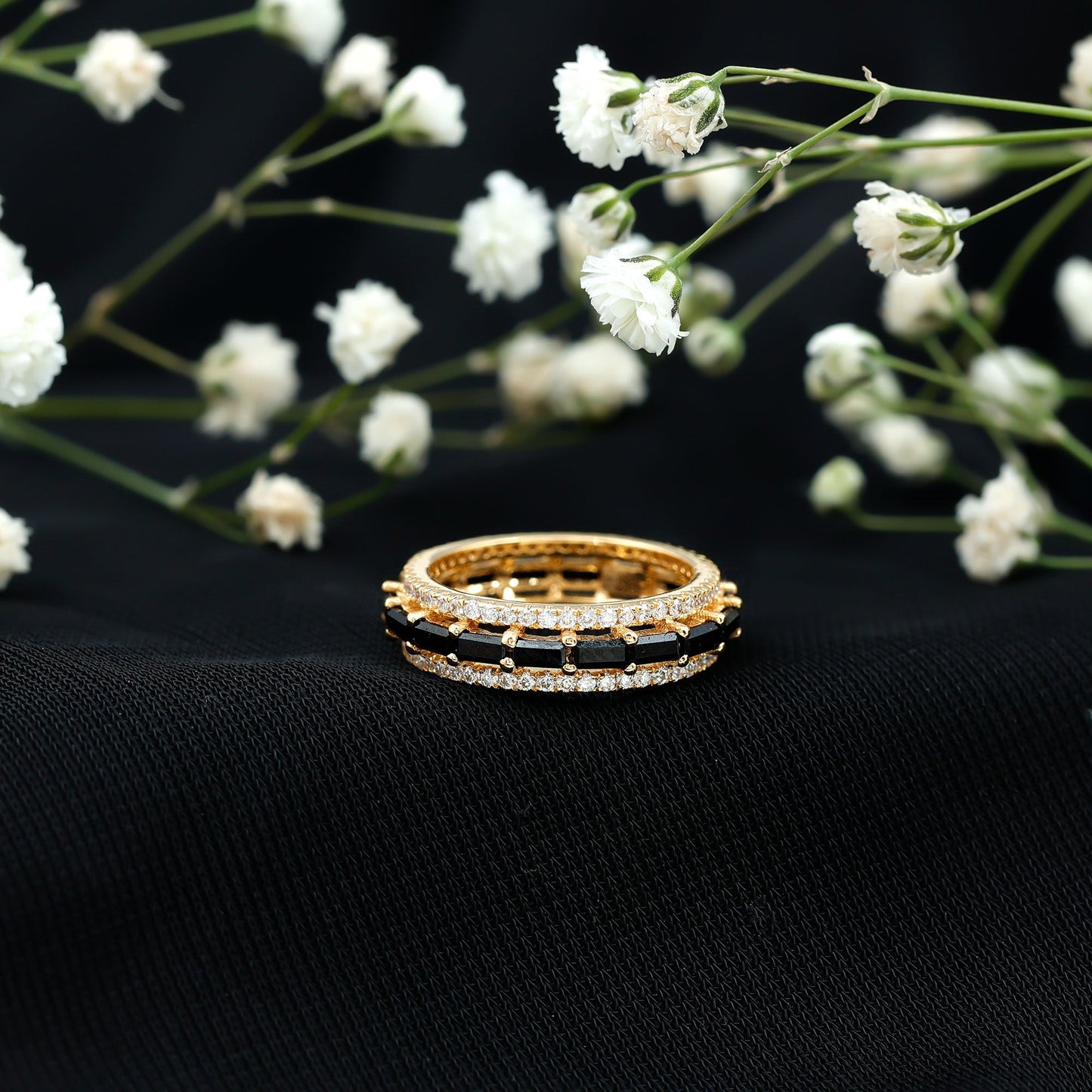 Certified Lab Grown Black Diamond 3 Row Wedding Band with Moissanite