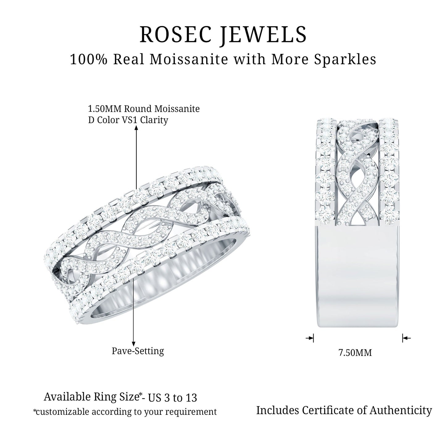 Certified Moissanite Infinity Wedding Band for Women