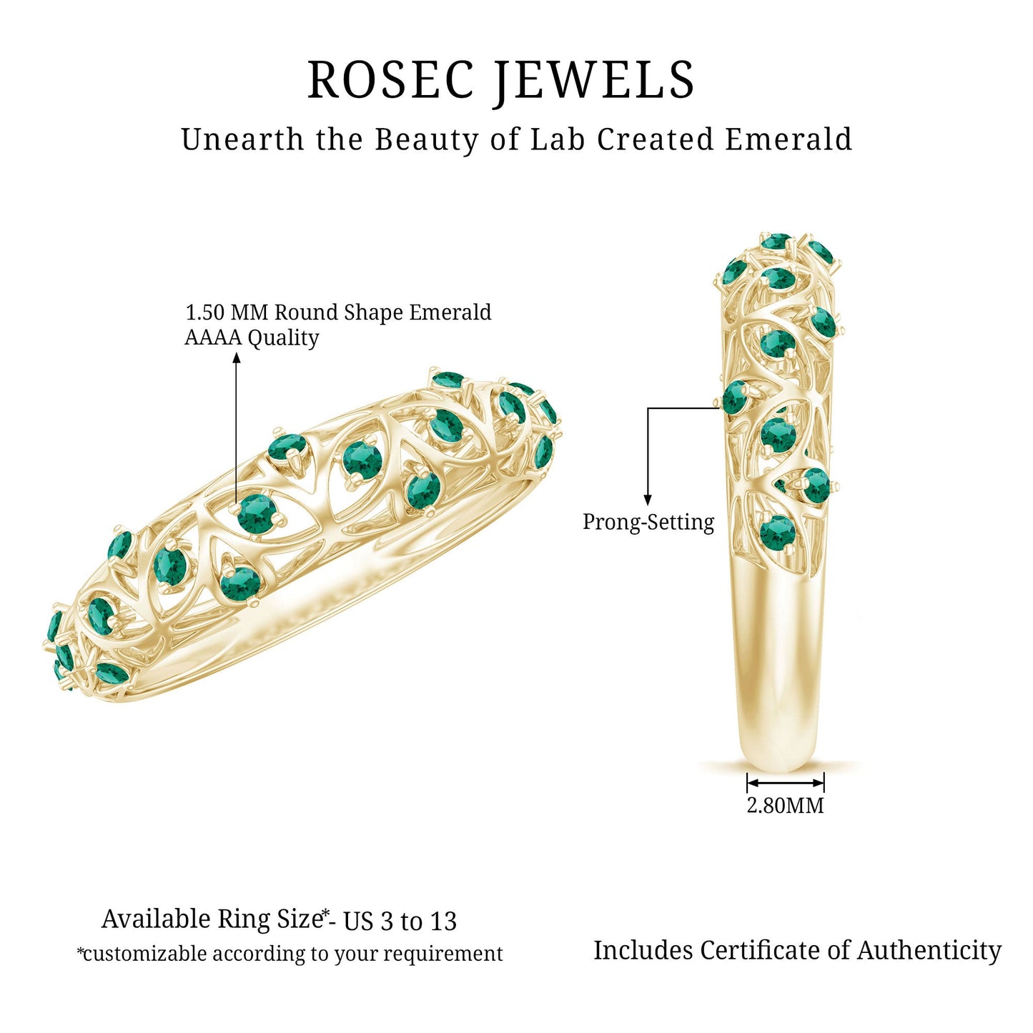 Certified Lab Grown Emerald Half Eternity Band with Filigree Details