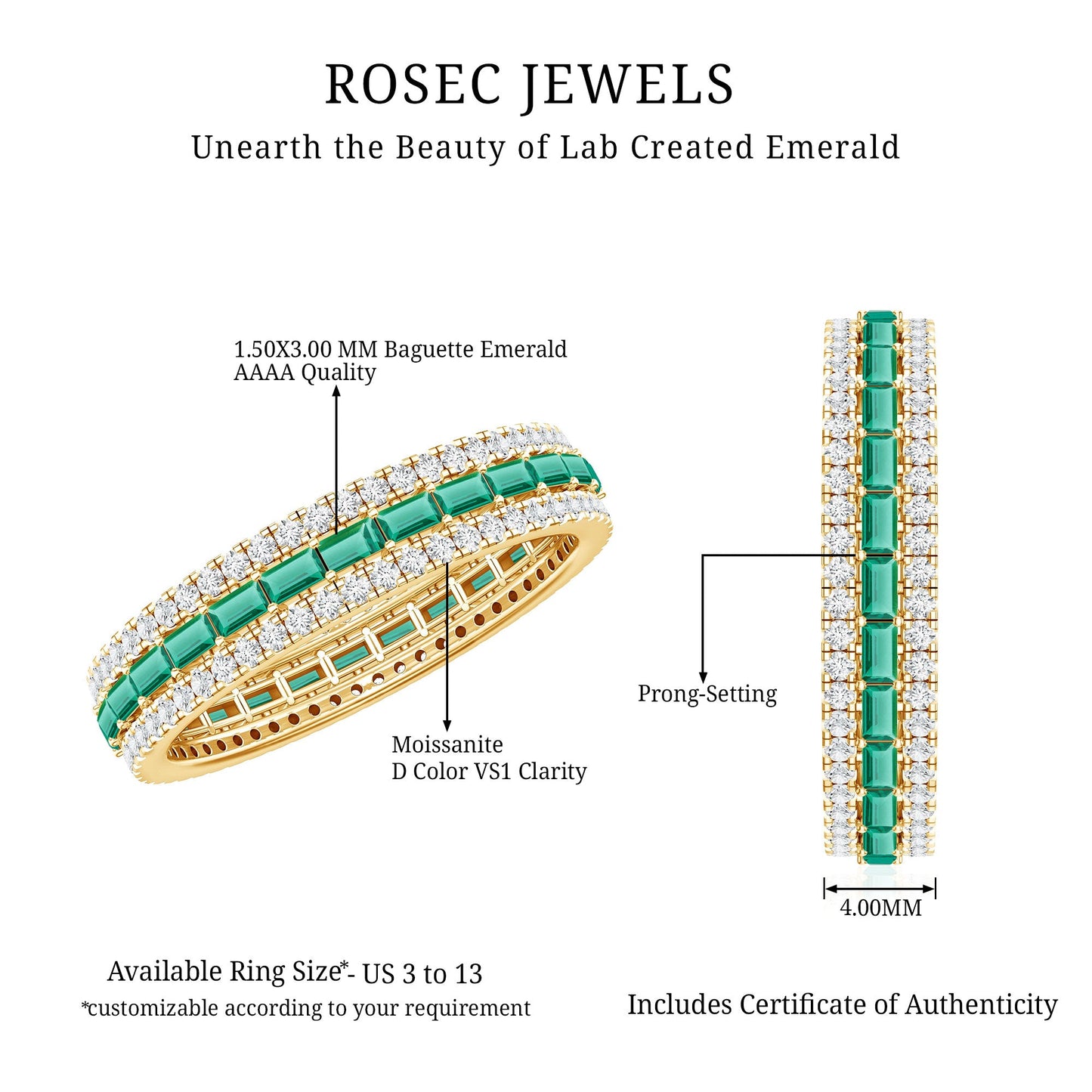 Baguette Cut Lab Grown Emerald and Moissanite Wedding Band