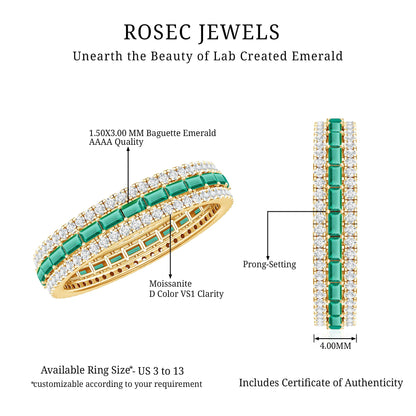 Baguette Cut Lab Grown Emerald and Moissanite Wedding Band