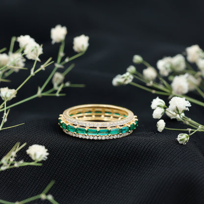 Baguette Cut Lab Grown Emerald and Moissanite Wedding Band