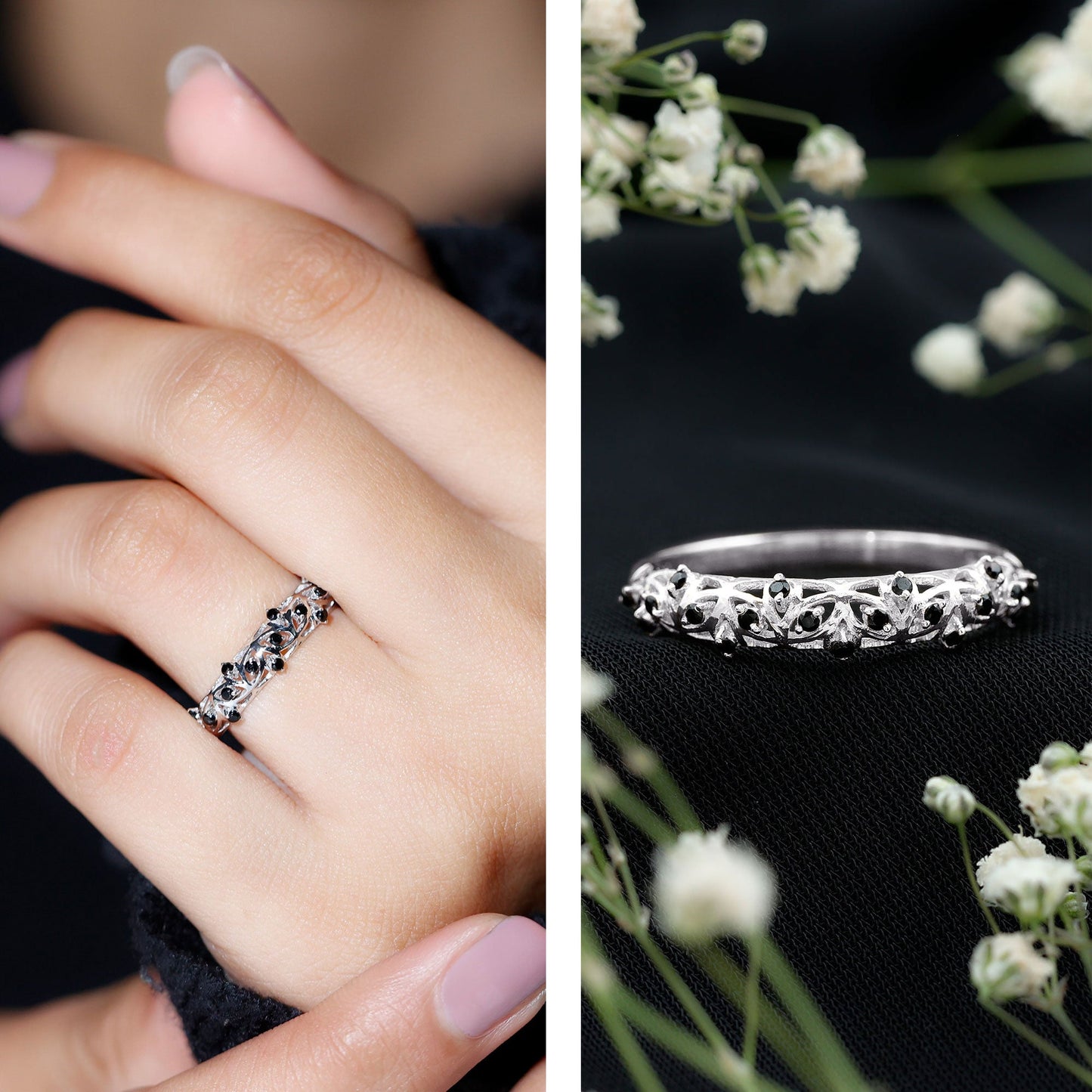 Round Cut Certified Black Onyx Filigree Wedding Band