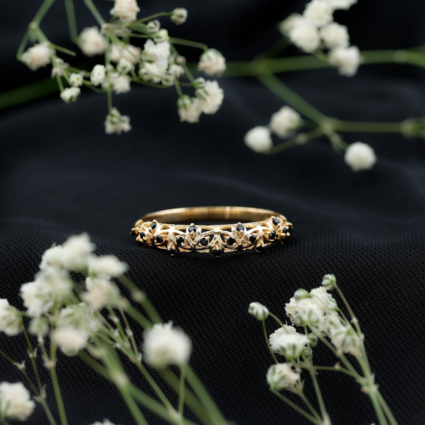 Round Cut Certified Black Onyx Filigree Wedding Band