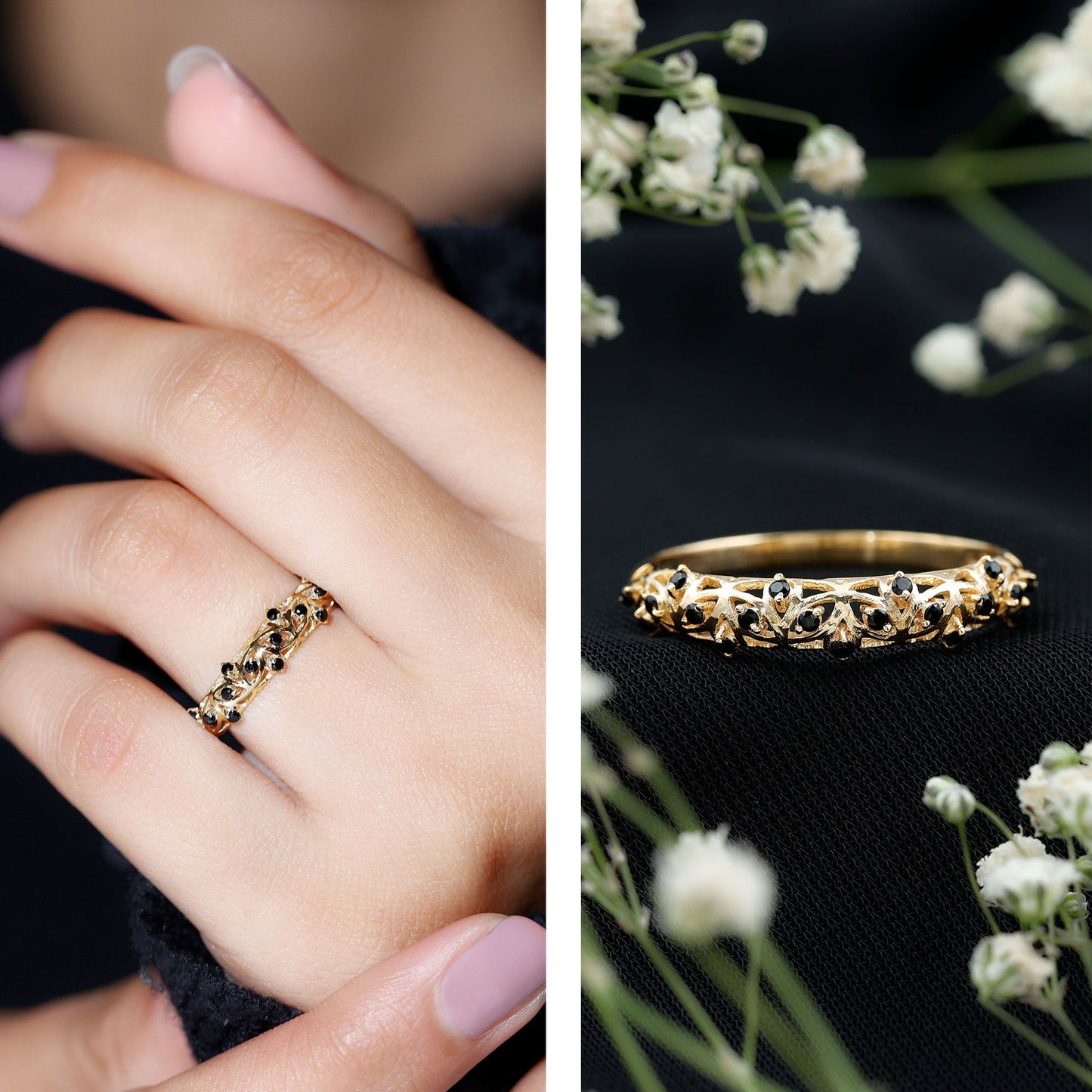 Round Cut Certified Black Onyx Filigree Wedding Band