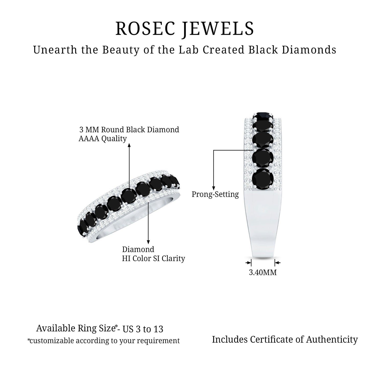 Certified Lab Grown Black and White Diamond Half Eternity Band Ring for Women