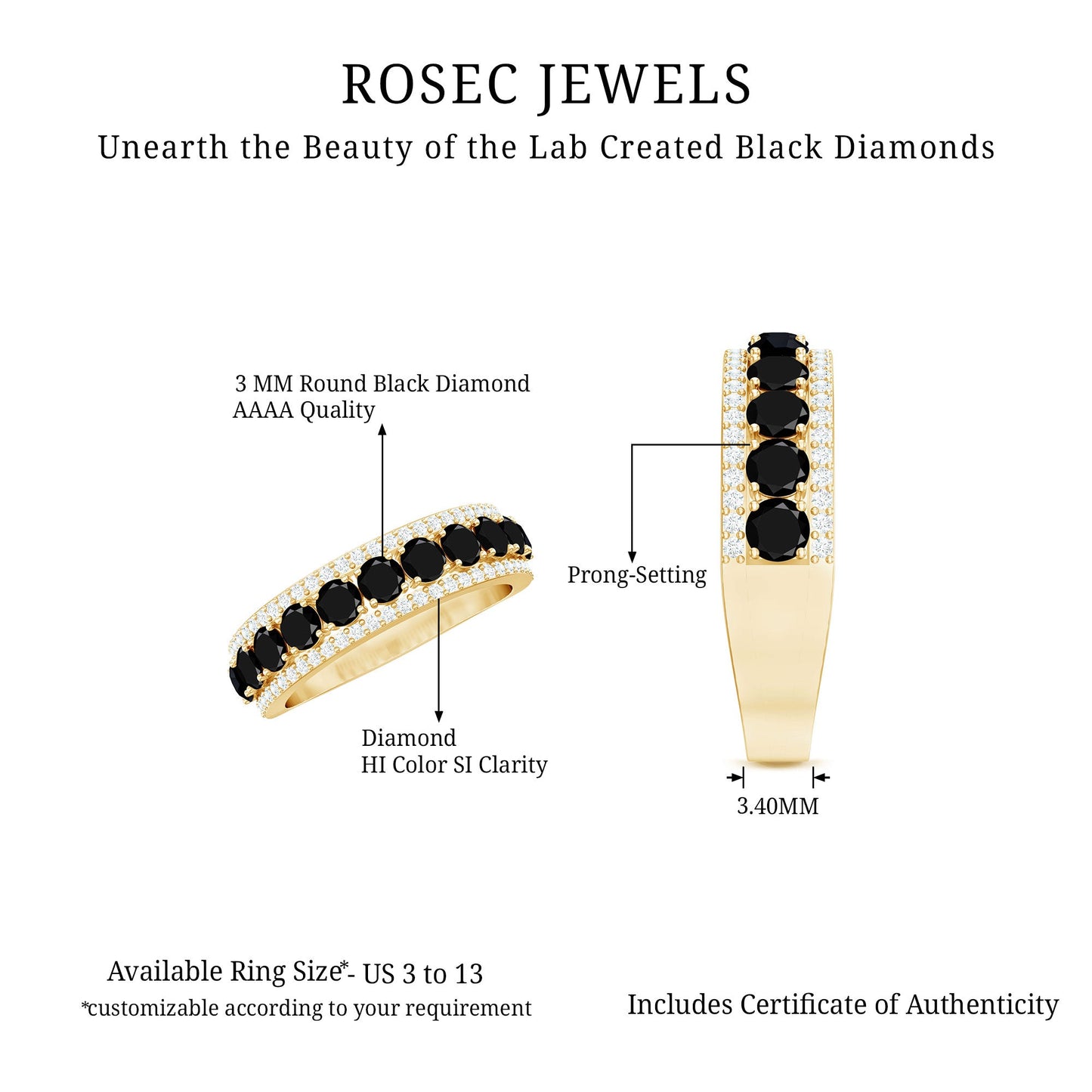 Certified Lab Grown Black and White Diamond Half Eternity Band Ring for Women