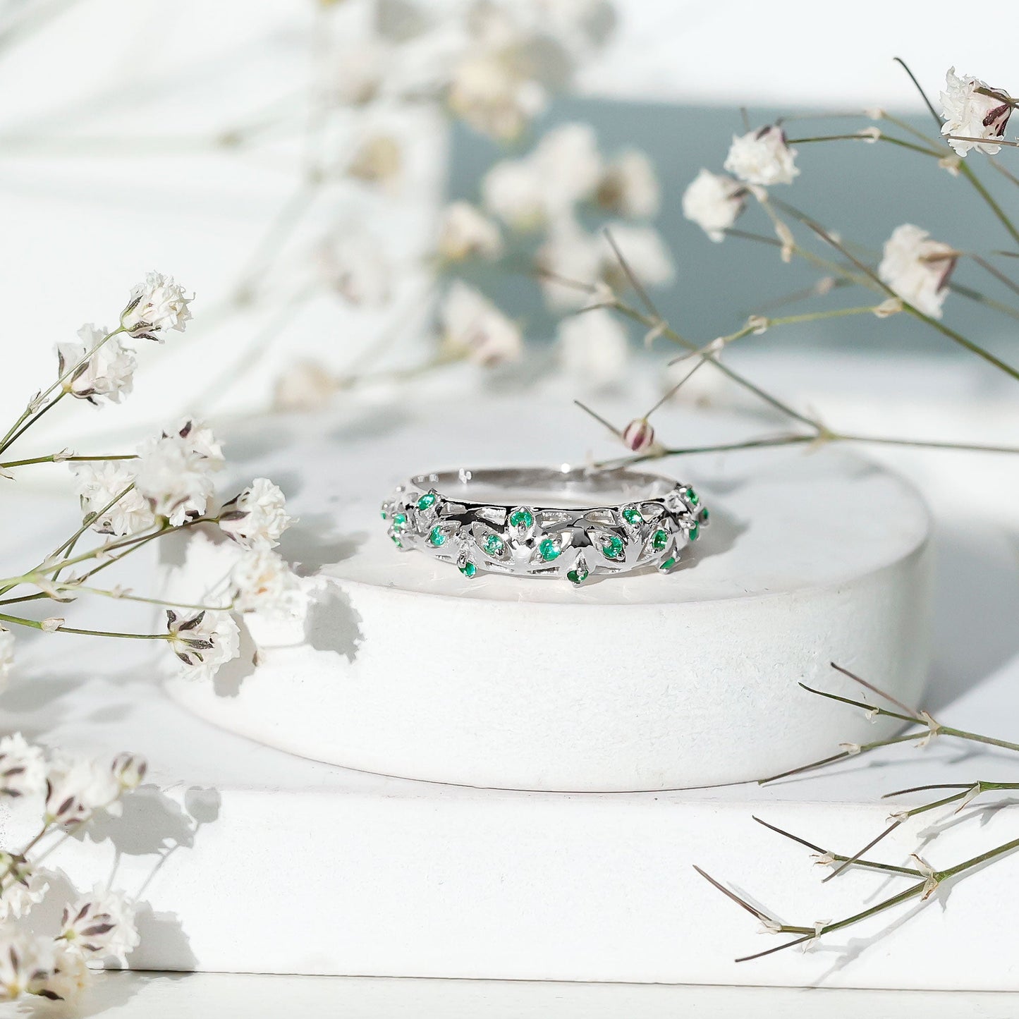 Natural Emerald Filigree Wedding Band for Women