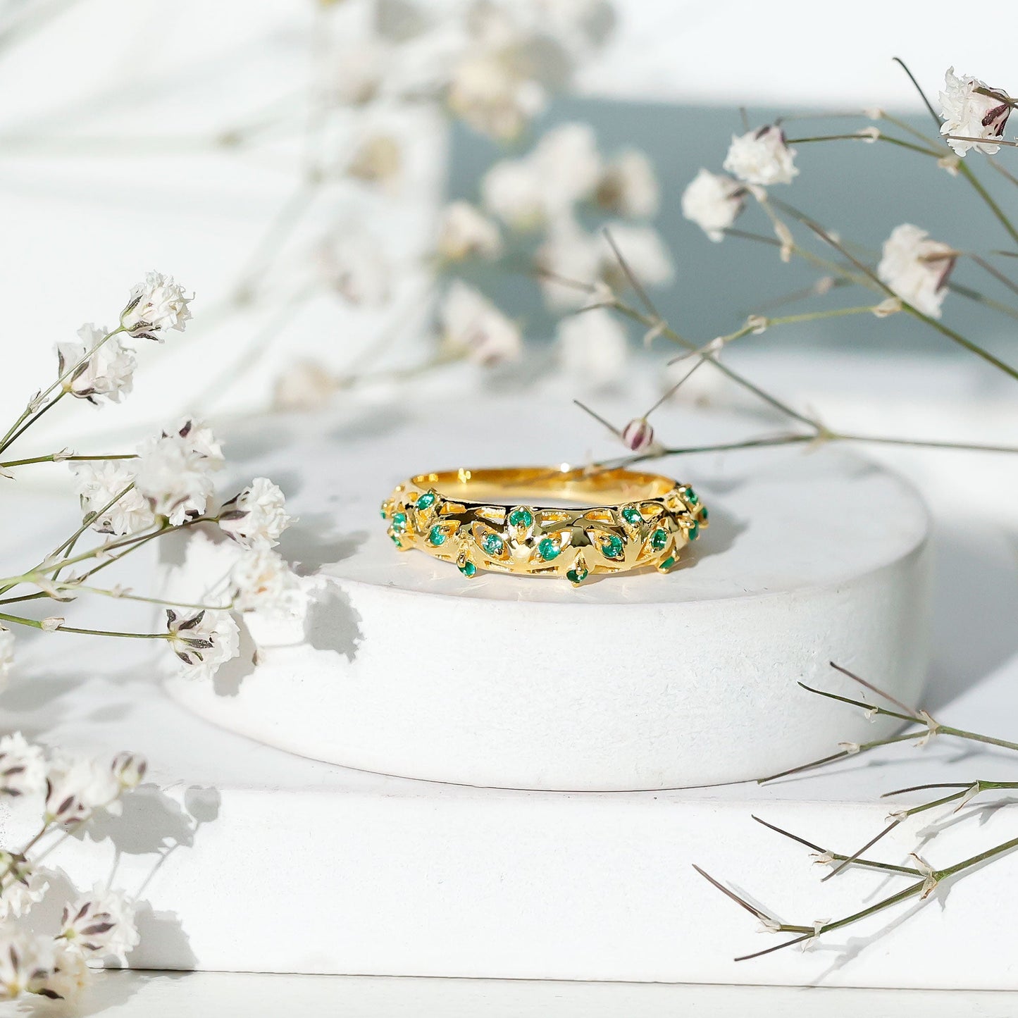 Natural Emerald Filigree Wedding Band for Women