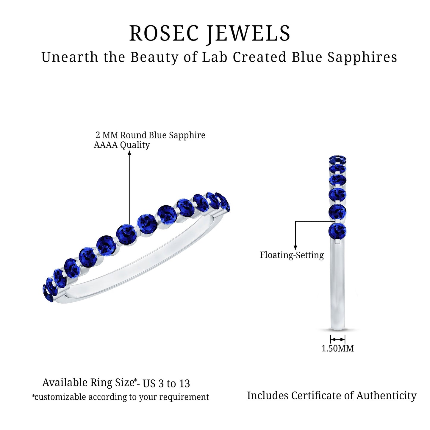 Certified Lab Grown Blue Sapphire Half Eternity Ring for Women