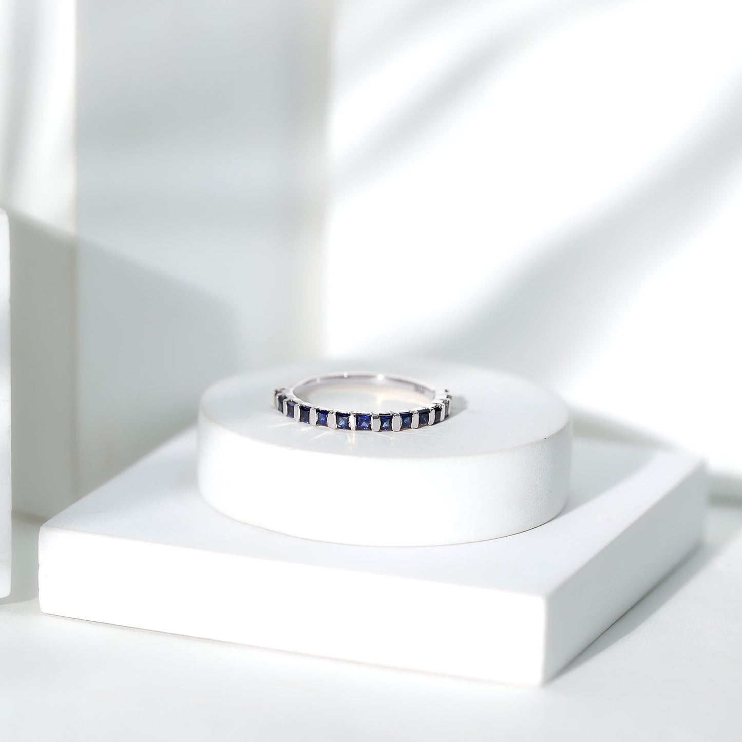 Princess Cut Blue Sapphire Half Eternity Wedding Band For Women