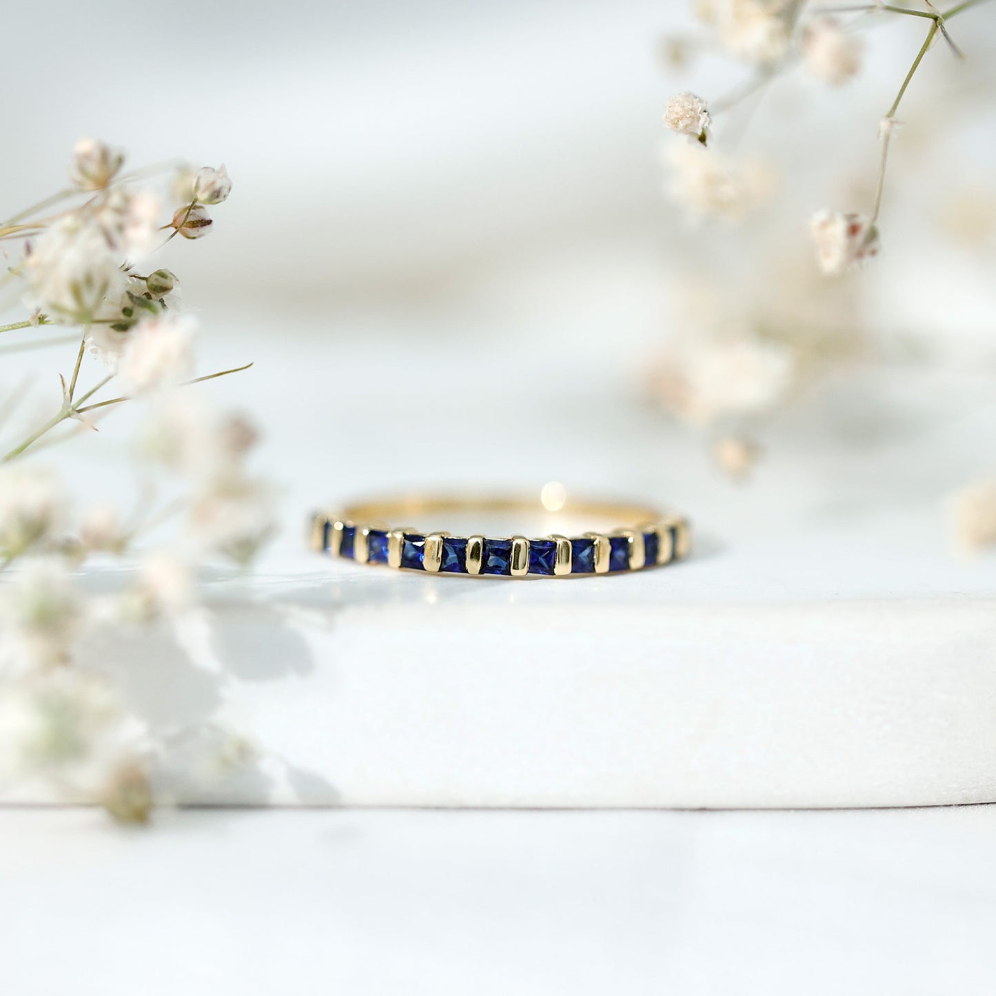 Princess Cut Blue Sapphire Half Eternity Wedding Band For Women