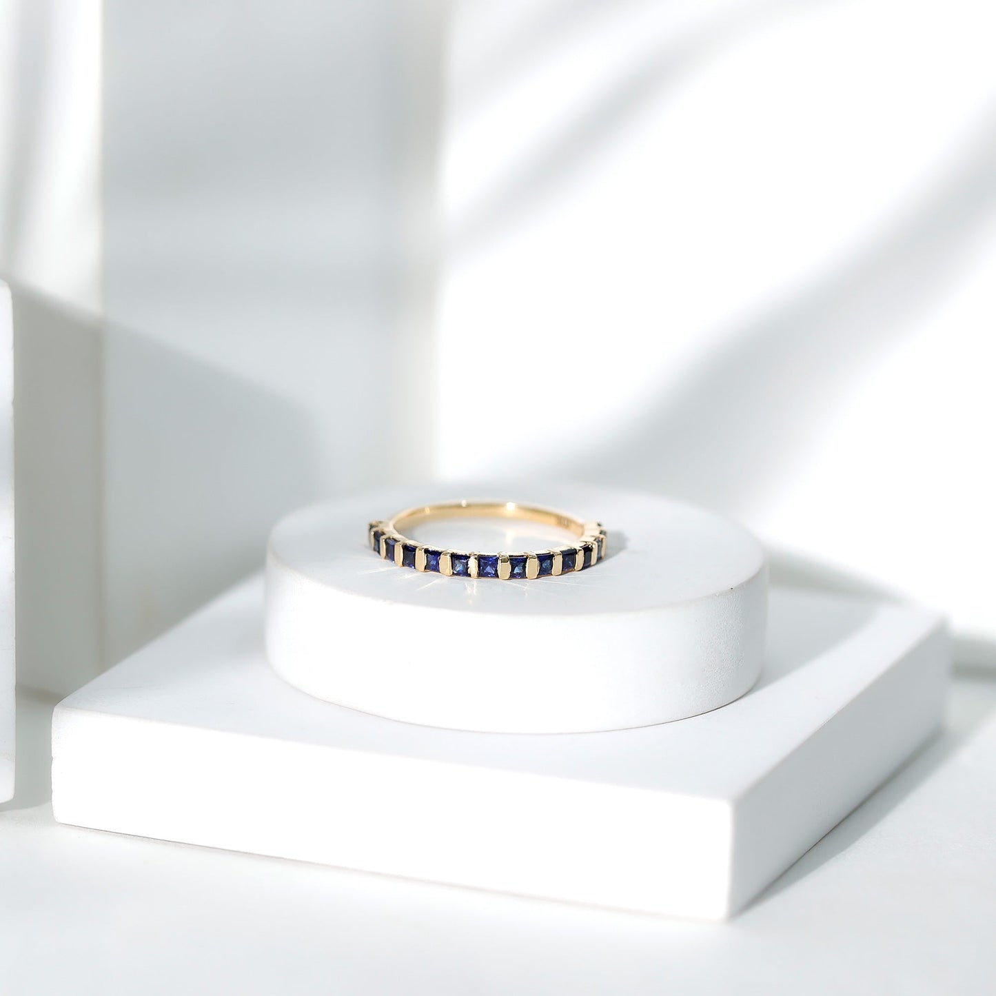 Princess Cut Blue Sapphire Half Eternity Wedding Band For Women