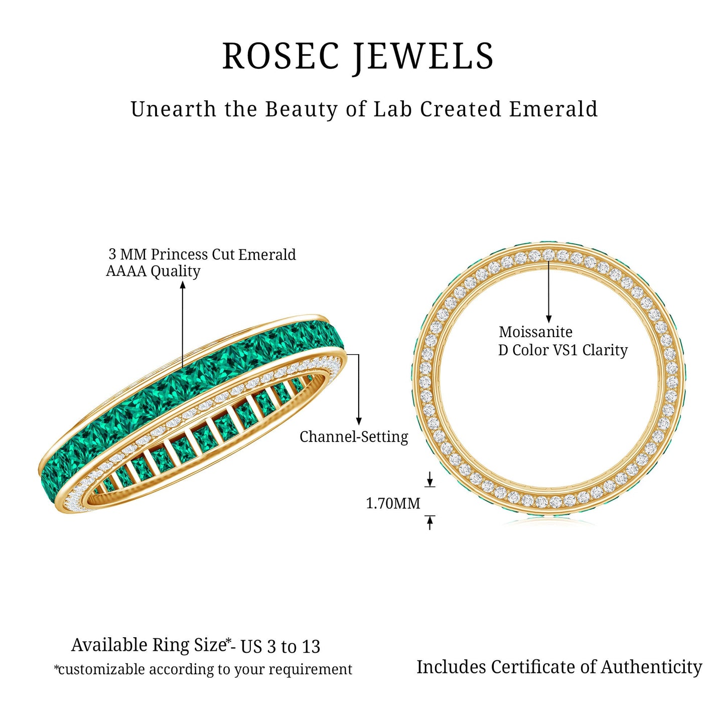 Certified Princess Cut Lab Grown Emerald Eternity Wedding Band in Channel Setting