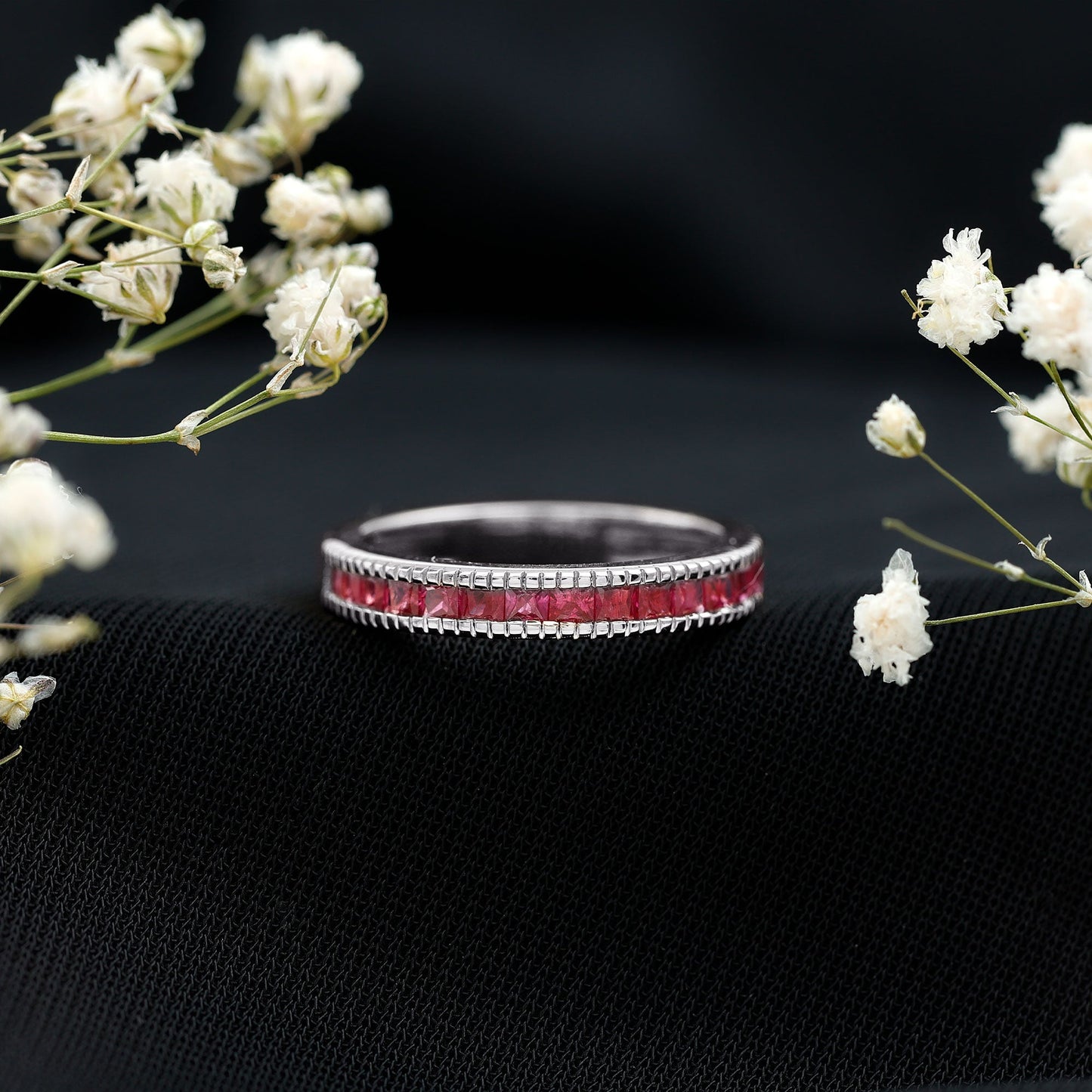 Natural Princess Cut Ruby Half Eternity Ring in Channel Set