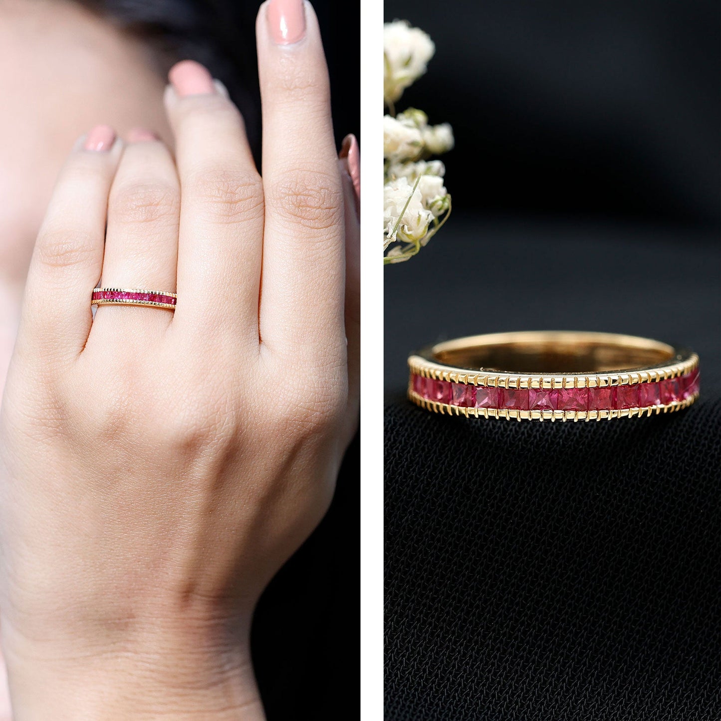 Natural Princess Cut Ruby Half Eternity Ring in Channel Set
