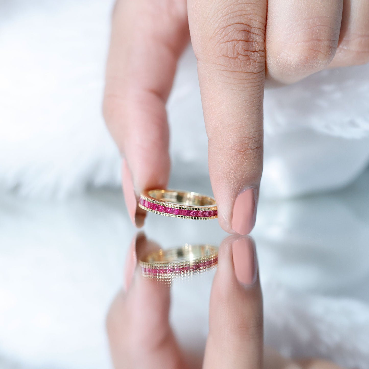 Natural Princess Cut Ruby Half Eternity Ring in Channel Set