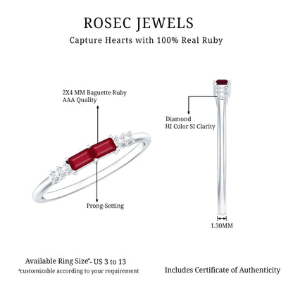 Natural Baguette Ruby 2 Stone Promise Ring with Diamond