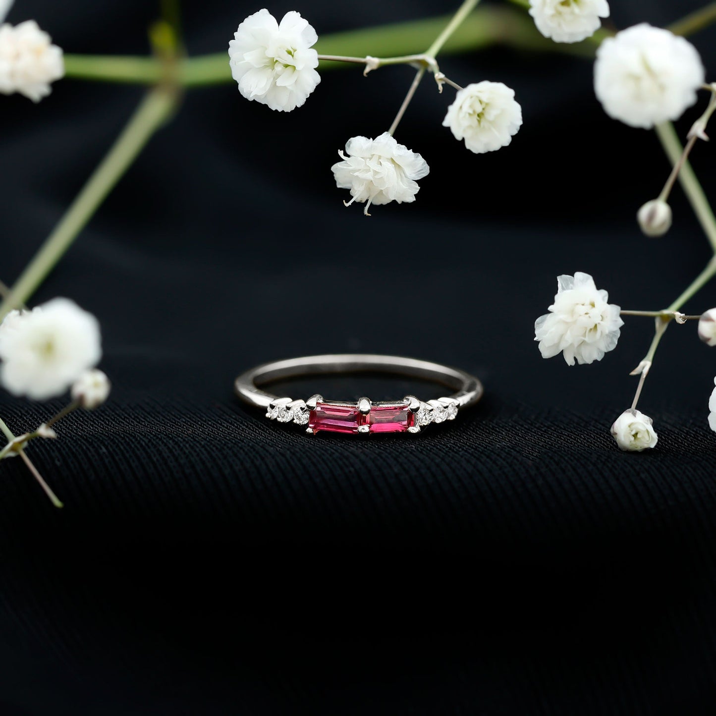 Natural Baguette Ruby 2 Stone Promise Ring with Diamond