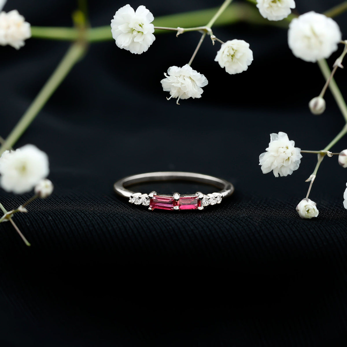 Natural Baguette Ruby 2 Stone Promise Ring with Diamond