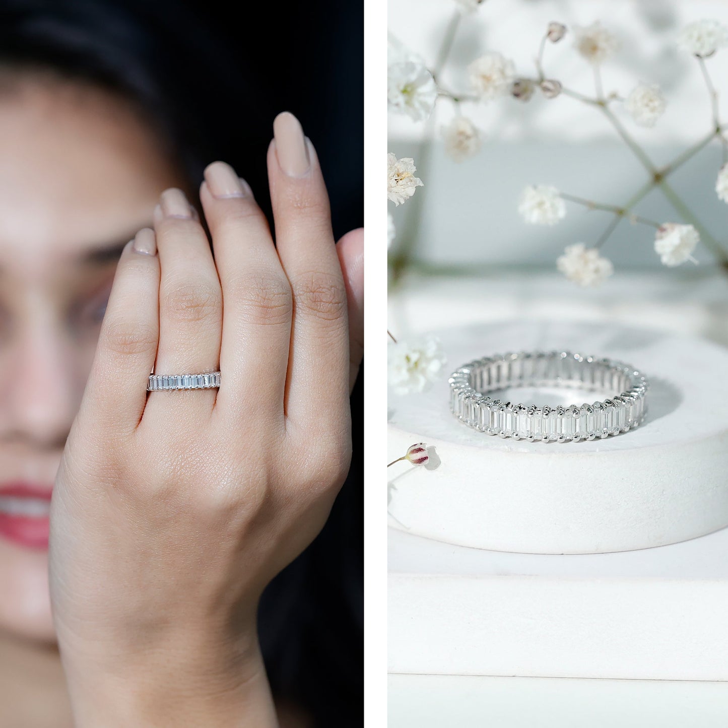 Baguette Cut Moissanite Eternity Ring in Shared Prong Setting
